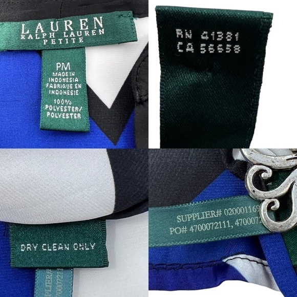 Lauren Ralph Lauren Retro Chevron Print Blouse Size PM Cobalt Blue Black White - Picture 6 of 12